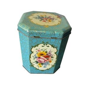 Vintage Floral Tins Octagonal Multicolor Container Made in England